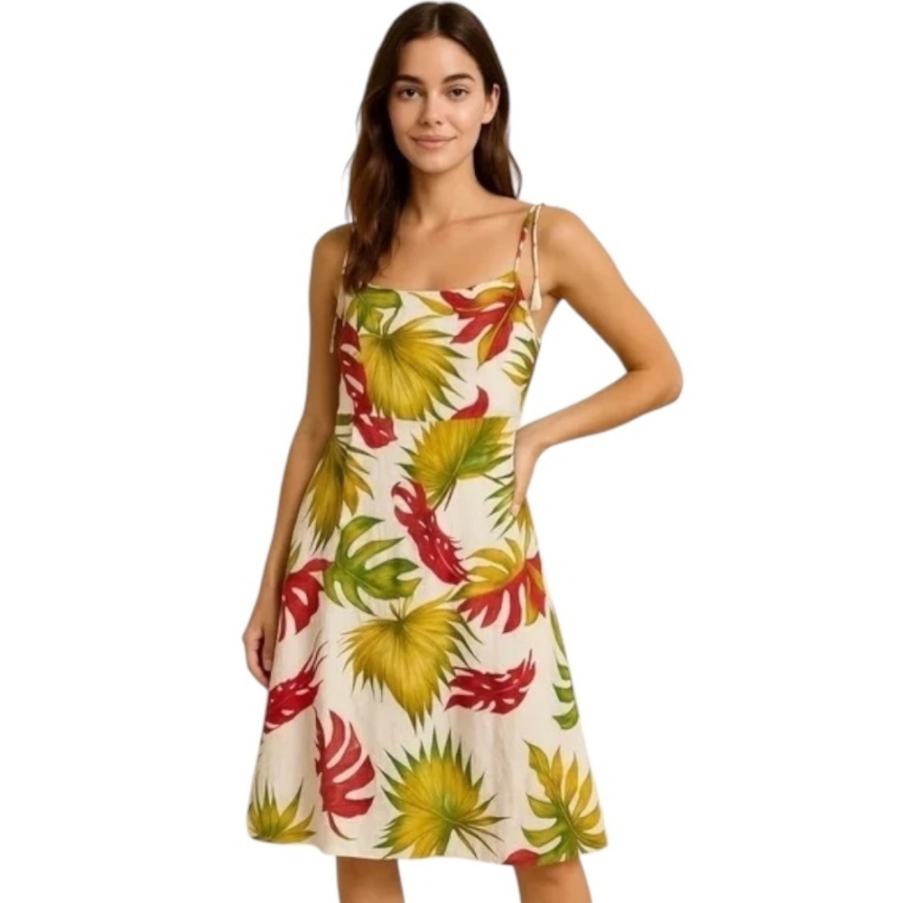 HOUSE OF HARLOW 1960 Tropical Linen Sundress Sun‎ dress Midi Size L Leaf Beaded